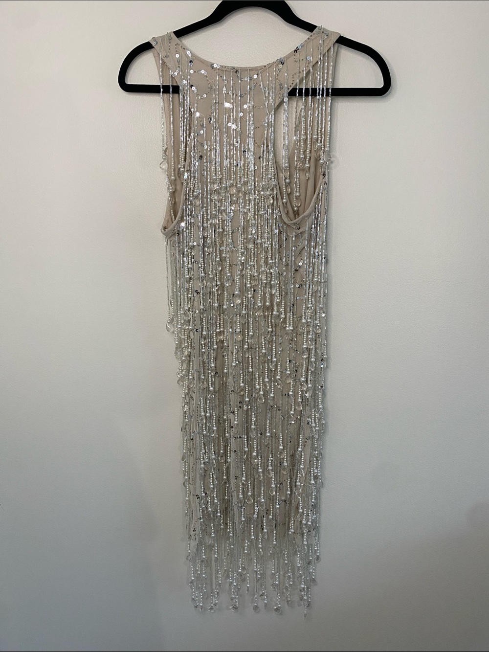 Nasty Gal NWT Tear Drop Tassel Plunge Mini Dress Beaded Nude Size 8 - Picture 7 of 11